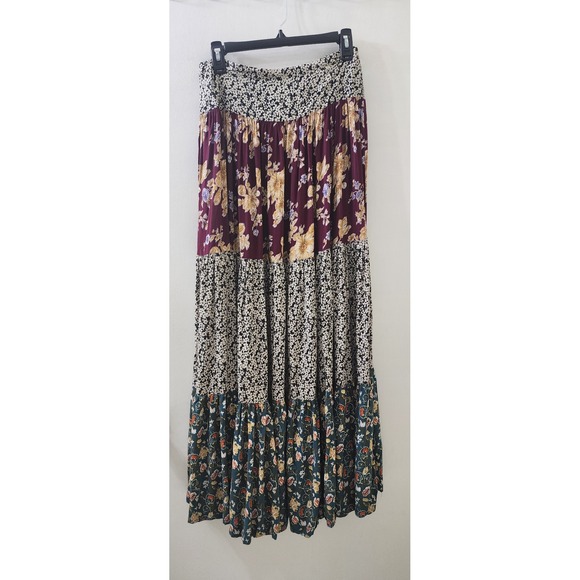 NATURAL LIFE Dresses & Skirts - Natural Life Mixed Floral Tiered Maxi Skirt Boho Smocked Rayon Burgundy Medium